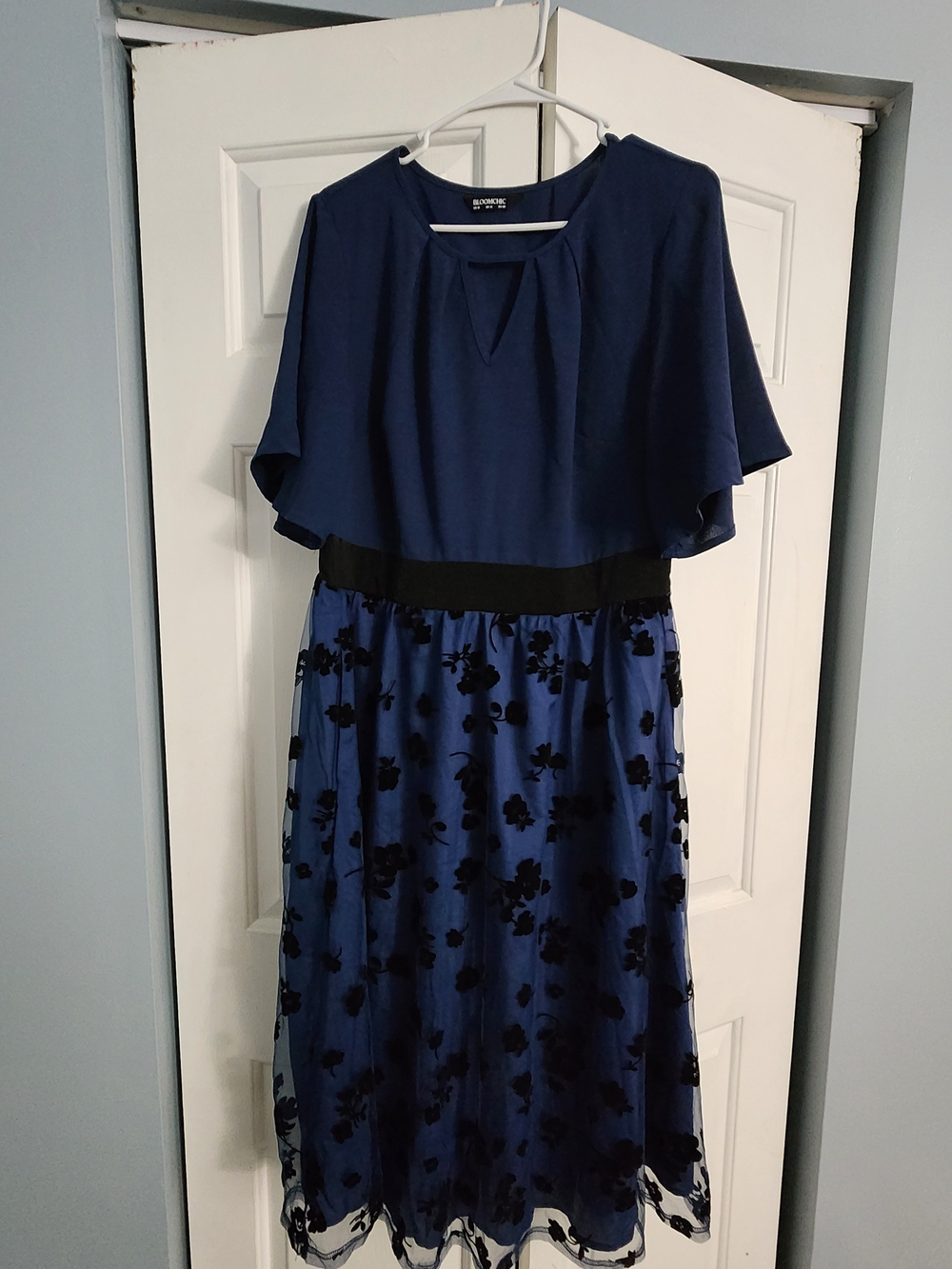 BloomChic Navy Dress with Black Floral Midi Skirt